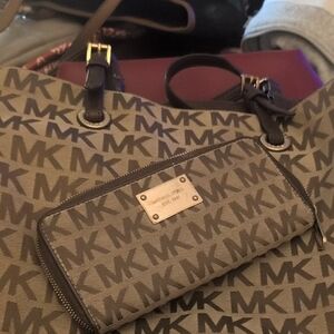 Michael Kors Brown and Tan Logo Tote with Wallet